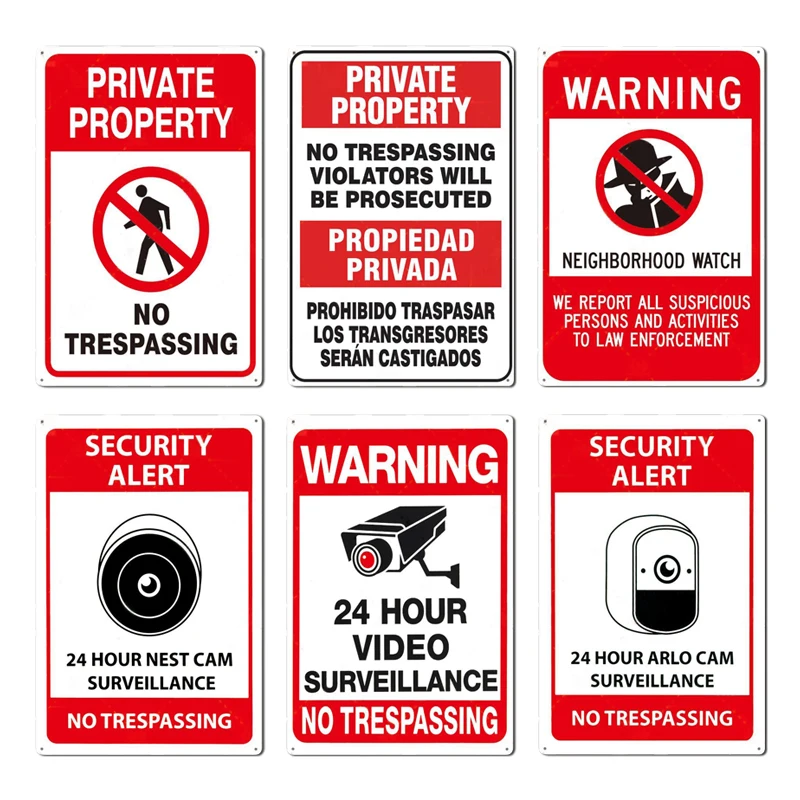 Home Yard Security - 私有地 無断立ち入り禁止 24時間ビデオ監視 金属製ブリキ看板 警告セキュリティアート ウォールアート装飾