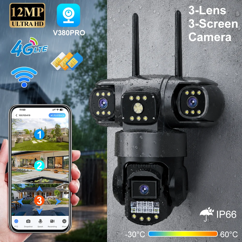 Home Security Land - V380 Pro 4G屋外防水カメラ SIMカード対応 12MP 3レンズモニター