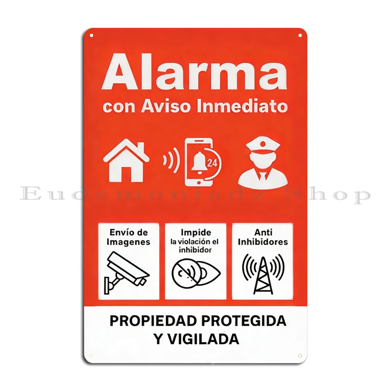 Home Security Business - レトロ 24 時間警報システムメタルサインプラークヴィンテージスペインセキュリティ装飾アイコン付きレッドホームプレートブリキサインポスター
