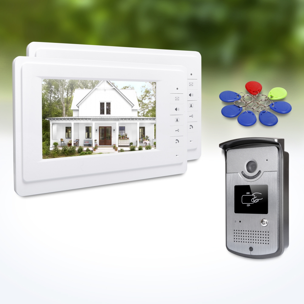 Home Security Video Systems - 1台の屋外カメラ、2台の屋内モニター、7インチビデオドアホンインターホン、キーフォブ、RFIDロック解除、ミュートモード、有線ホームセキュリティシステムキット