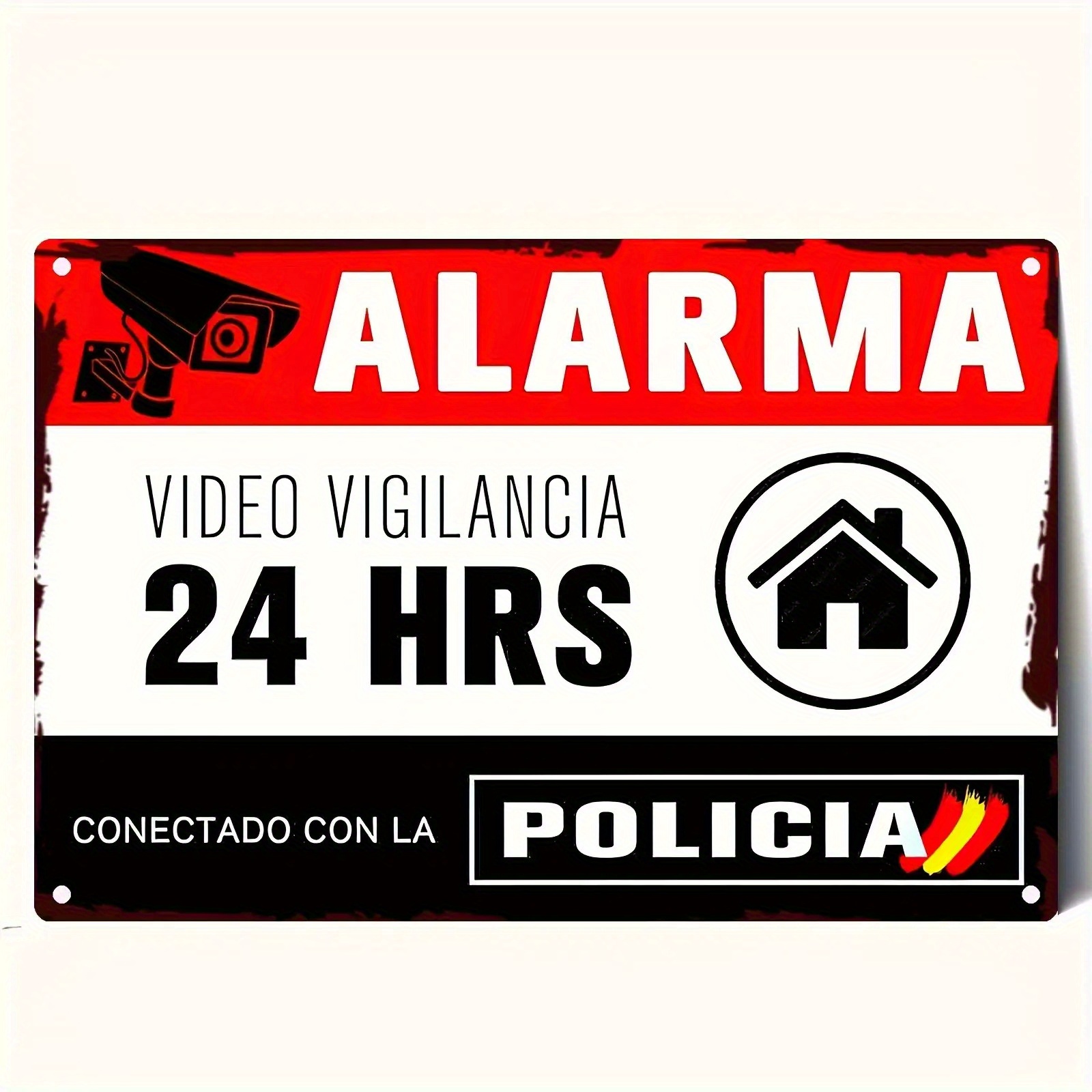 Home Yard Security - ヴィンテージスペイン製 ALARMA 24 時間ビデオ監視メタルブリキ看板レトロアンティーク調鉄製プラーク家の庭のセキュリティ壁装飾