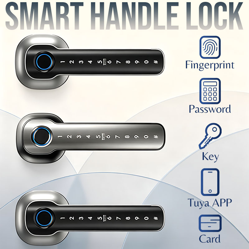 Home Security Essential - ホームセキュリティデバイス スマート指紋認証ドアロック デジタル電子ハンドルロック パスワード/キー/Tuyaアプリ/カード解錠機能付き