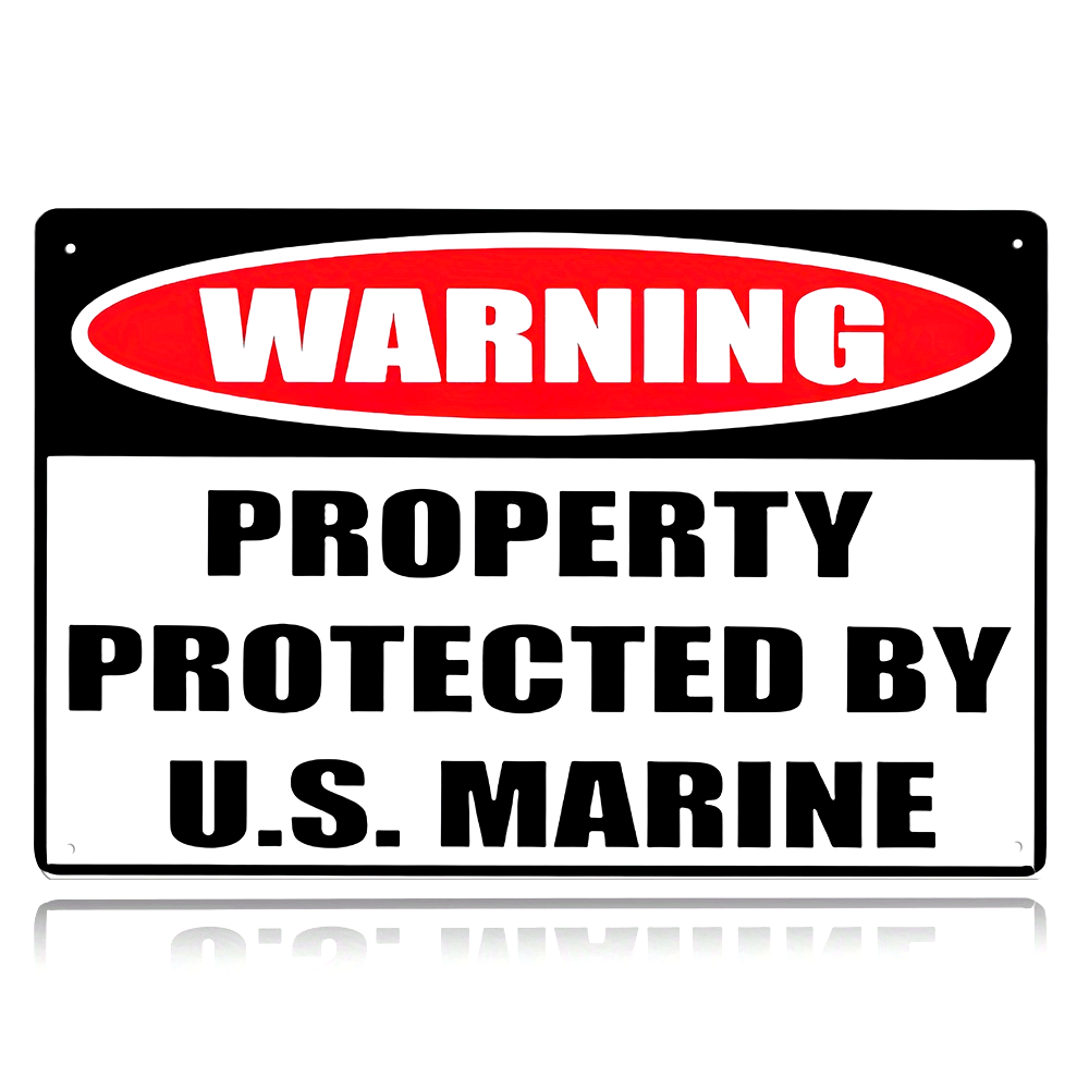 Home Yard Security - 警告：米国海兵隊によって保護されている物件 金属製ブリキ看板 軍事セキュリティ通知 レトロな飾り板 家庭用 庭