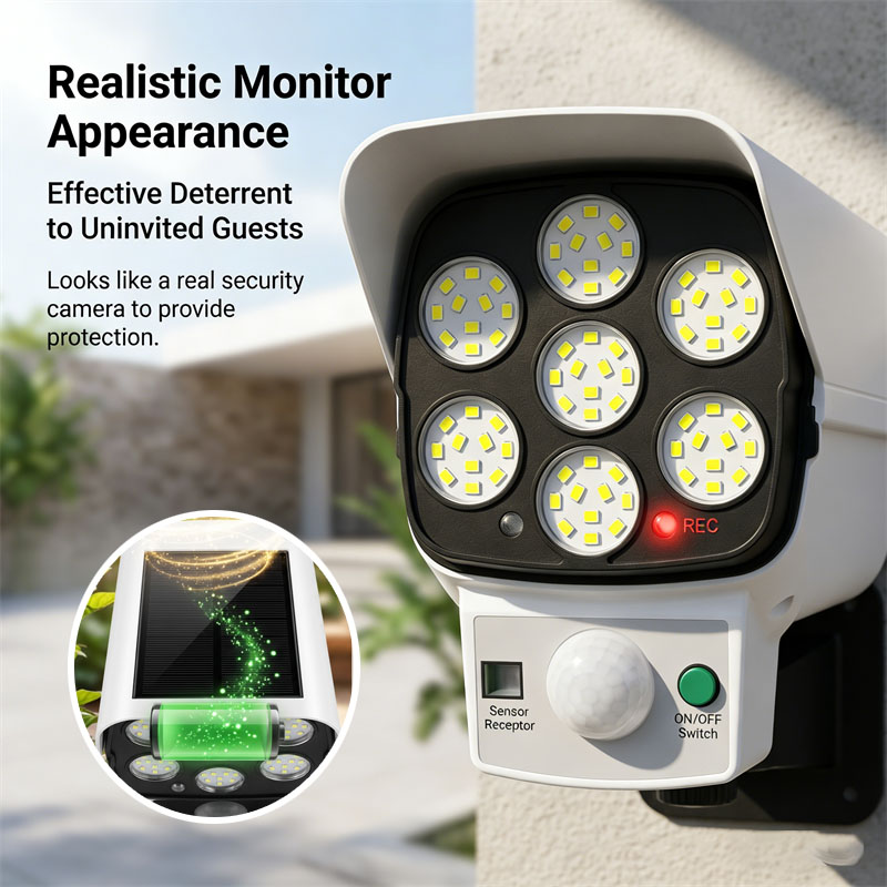 Home Yard Security - ソーラー式ダミーセキュリティカメラ、モーションセンサー付きLED投光器、屋外防水壁掛けランプ、家庭用庭園私道用