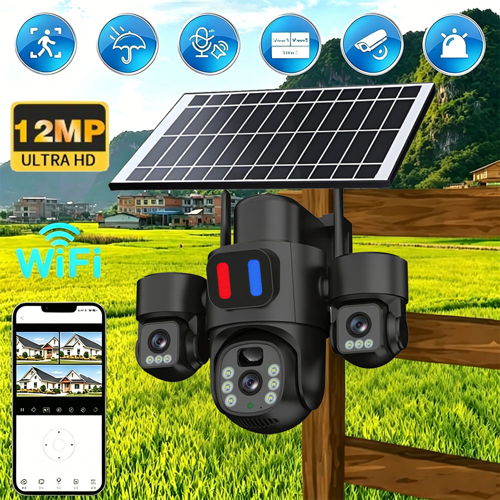 Home Security Panel - ソーラーWiFi PTZカメラ 屋外トリプルレンズ 3画面 PIRモーション検知アラート ワイヤレスホームCCTV監視セキュリティカメラ